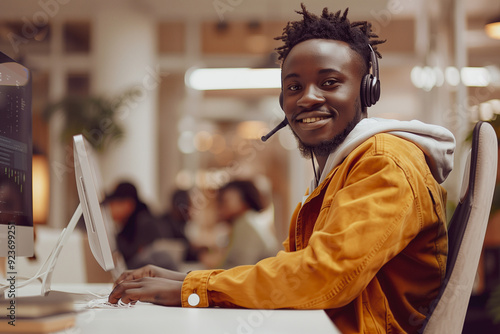 Afro american yong man works in a big white call center, sits at a table in front of a work computer, wears headphones and talks to a client