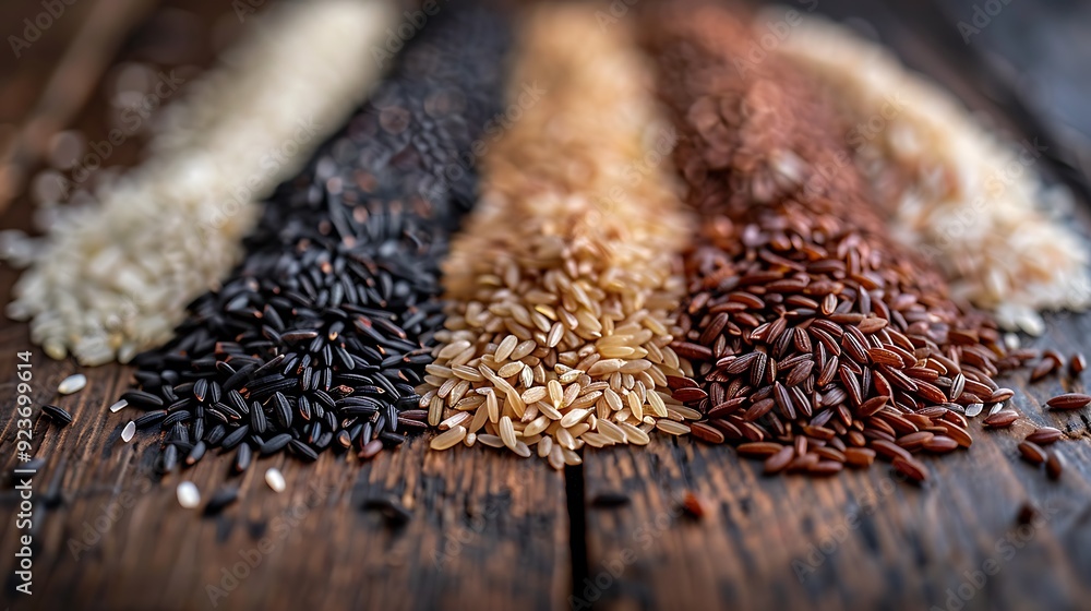 A close-up shot of white, brown, wild, and black rice lined up side by side on a rustic wooden surface, with soft natural light bringing out the intricate details and subtle differences in texture. A close-up shot of white, brown, wild, and black rice lined up side by side on a rustic wooden surface, with soft natural light bringing out the intricate details and subtle differences in texture.