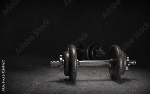 Two dumbbells on dark background with copy space. 