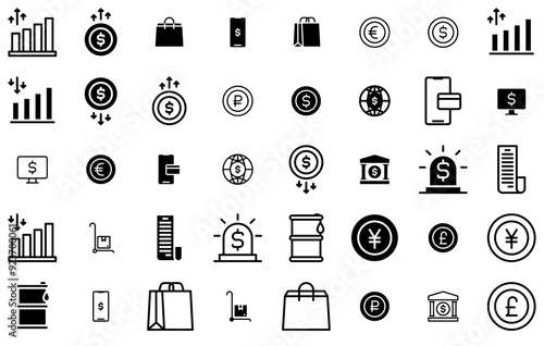 Set Of Economy Icons Collection Isolated Silhouette Solid Icons Including Coin,Economy,Currency,Dollar,Money Vector Illustration Linear Pictogram Pack