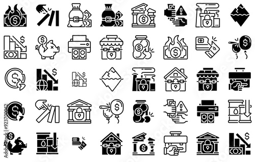 A Collection Of Economic Crisis Icons Web Header Banner Design Containing Economic,Economy,Problem,Crisis,Financial Stroke Icon Collection. Vector Illustration