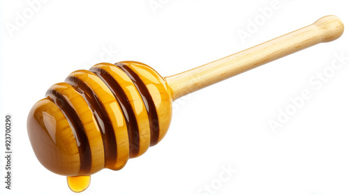 Wooden honey dipper dripping with honey, isolated on a white background. photo