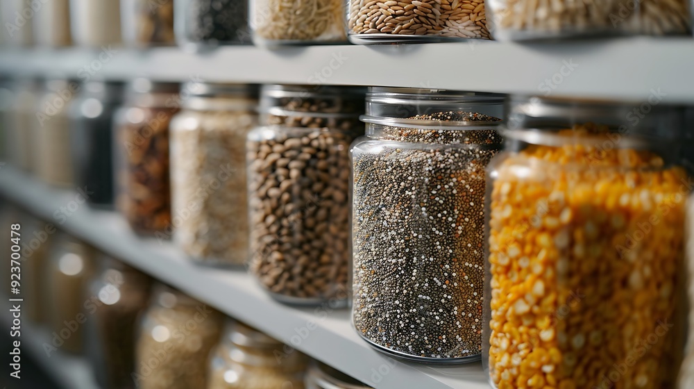 A close-up view of glass jars filled with various grains, arranged in a row on a white shelf, with the soft, diffused light creating subtle shadows and highlights. Realistic, detailed, hd quality, A close-up view of glass jars filled with various grains, arranged in a row on a white shelf, with the soft, diffused light creating subtle shadows and highlights. Realistic, detailed, hd quality,