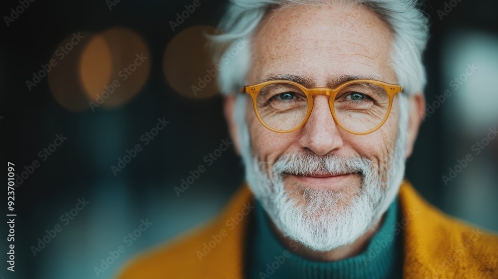 A close-up of an elderly man with a white beard, wearing yellow glasses and a matching sweater. His warm smile and twinkling eyes exude wisdom and carefree joy in this candid shot. A close-up of an elderly man with a white beard, wearing yellow glasses and a matching sweater. His warm smile and twinkling eyes exude wisdom and carefree joy in this candid shot.