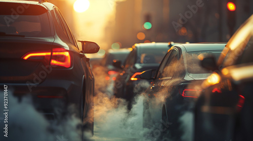 Cars in a traffic jam emit smoke from exhaust pipes on a city street. The realistic scene captures air pollution at golden hour with sharp focus