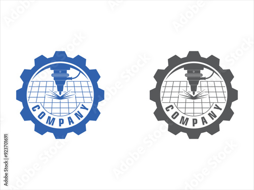 Laser cutting logo with circular gear design template silhouette isolated. CNC machine logo emblem