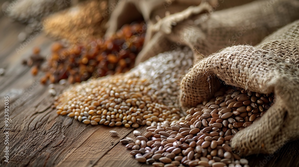 A close-up view of various grains spilling out of burlap sacks onto a rustic wooden floor, with the intricate textures of the grains and sacks emphasized by soft, diffused light. Realistic, detailed, A close-up view of various grains spilling out of burlap sacks onto a rustic wooden floor, with the intricate textures of the grains and sacks emphasized by soft, diffused light. Realistic, detailed,