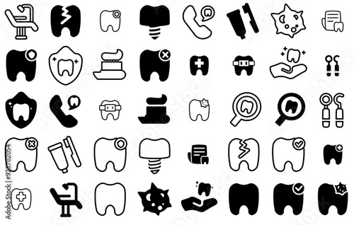 Set Of Linear Dentist Vector Symbols Apps, Websites Ui Designs Suitable For Care,Dental,Health,Tooth,Dentist Outline Icons Collection. Simple Vector Illustration