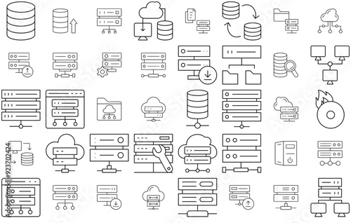A Collection Of Database And Storage Thin Line Icons Silhouette Vector Logo Design Containing Database,Storage,Data-Center,Mainframe,Server Vector Illustration Linear Pictogram Pack