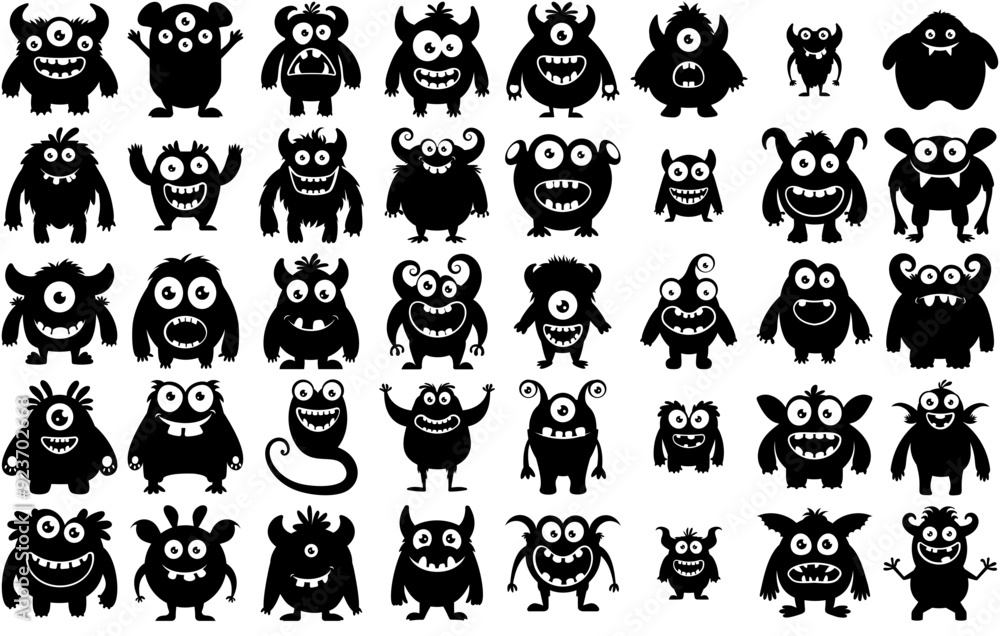 Obraz premium Set Of Cute Funny Monster Characters Isolated Silhouette Solid Icons With Monster-Cartoon,Monster-Character,Demon,Zombie-Monster,Cartoon-Monster Stroke Icon Collection. Vector Illustration