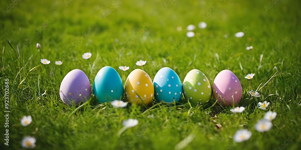 Colorful Easter eggs nestled in green grass with white daisies, evoking springtime and Easter celebrations. Perfect for greeting cards, social media posts, or Easter-themed promotions. Colorful Easter eggs nestled in green grass with white daisies, evoking springtime and Easter celebrations. Perfect for greeting cards, social media posts, or Easter-themed promotions.