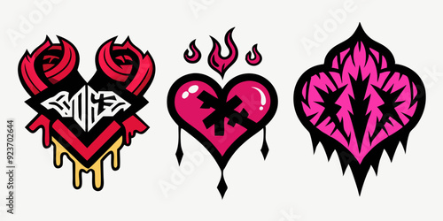 Gothic Heart Tattoo Collection, Abstract Flame-Shaped Vector Designs, Punk-Inspired Valentine's Stickers, Neotribal Graffiti Art for Web Decoration, Dripping Love Prints.