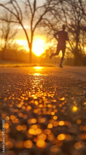 Runner stretching before a run in a sunriselit park, preexercise routine, morning fitness photo