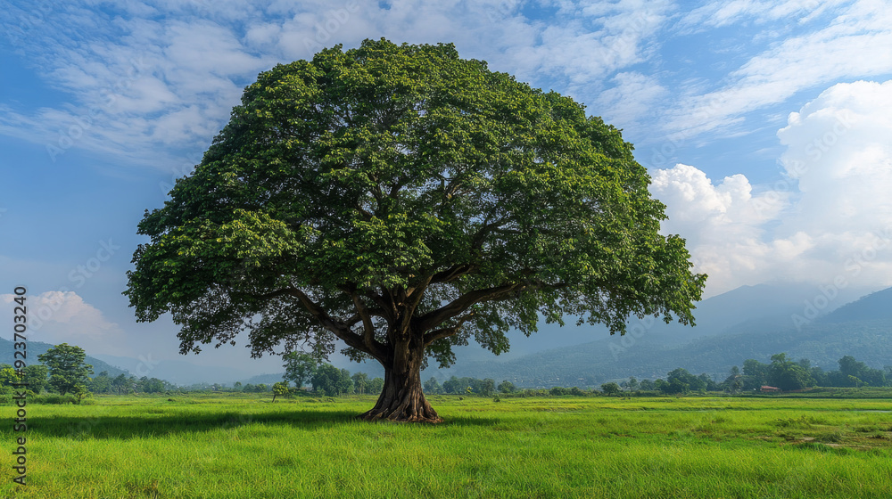 A large, fully-grown Peepal tree stands prominently in the center of a vast green meadow. This tree holds significant religious value for Hindus, set against a sunny day in the eastern plains of Nepal A large, fully-grown Peepal tree stands prominently in the center of a vast green meadow. This tree holds significant religious value for Hindus, set against a sunny day in the eastern plains of Nepal