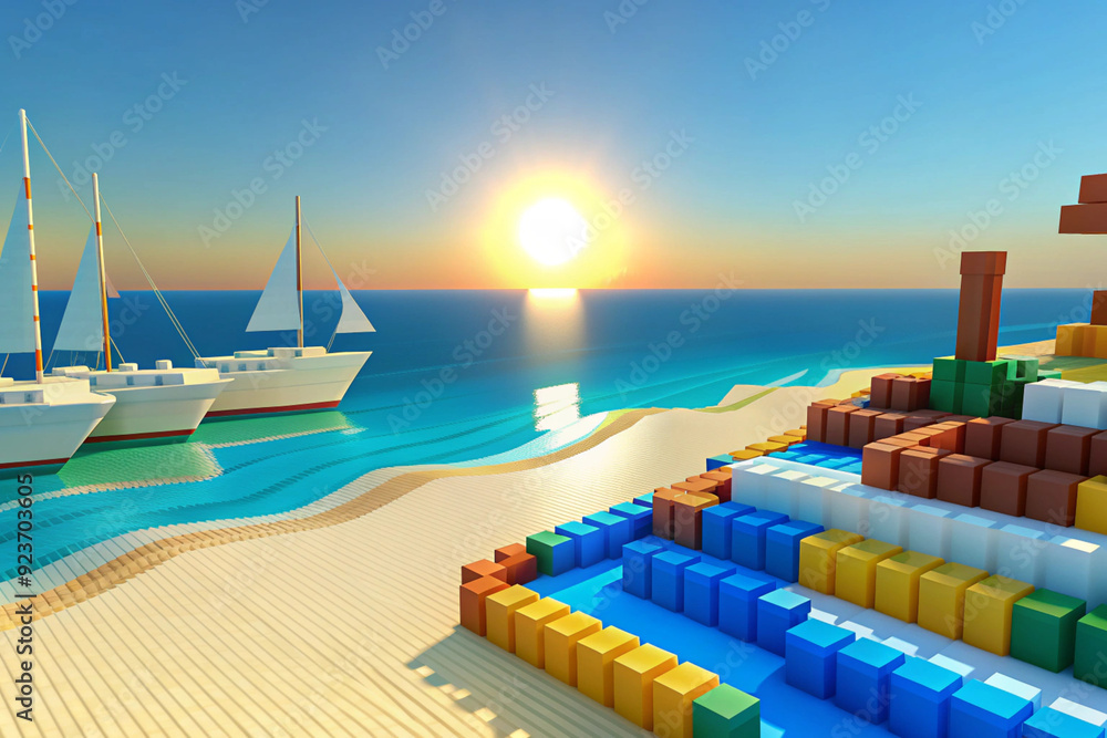 Fototapeta premium Sandy beach, sea, yachts on the background of sunrise, AI Generation