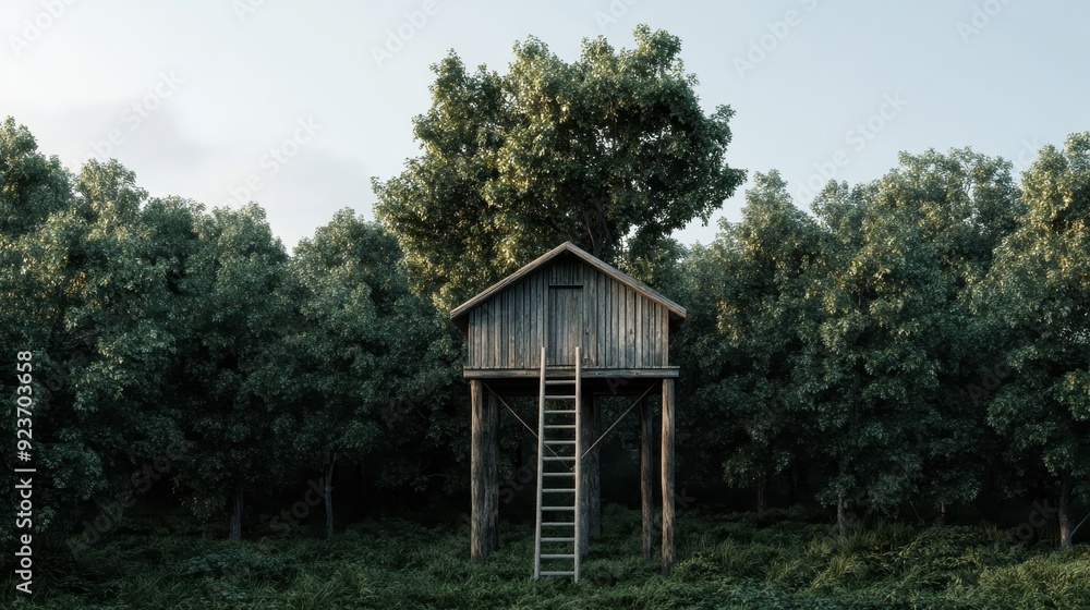 A rustic wooden treehouse elevated on stilts amidst a dense forest with lush green foliage. A long ladder leads up to the entrance, offering a serene and secluded experience. A rustic wooden treehouse elevated on stilts amidst a dense forest with lush green foliage. A long ladder leads up to the entrance, offering a serene and secluded experience.