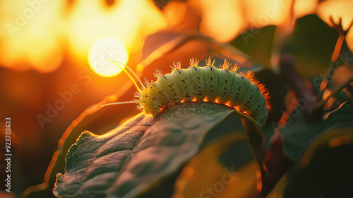 A close-up of a fuzzy green caterpillar resting on a leaf, captured during a warm golden sunset, portraying the gentle and serene beauty of nature. photo