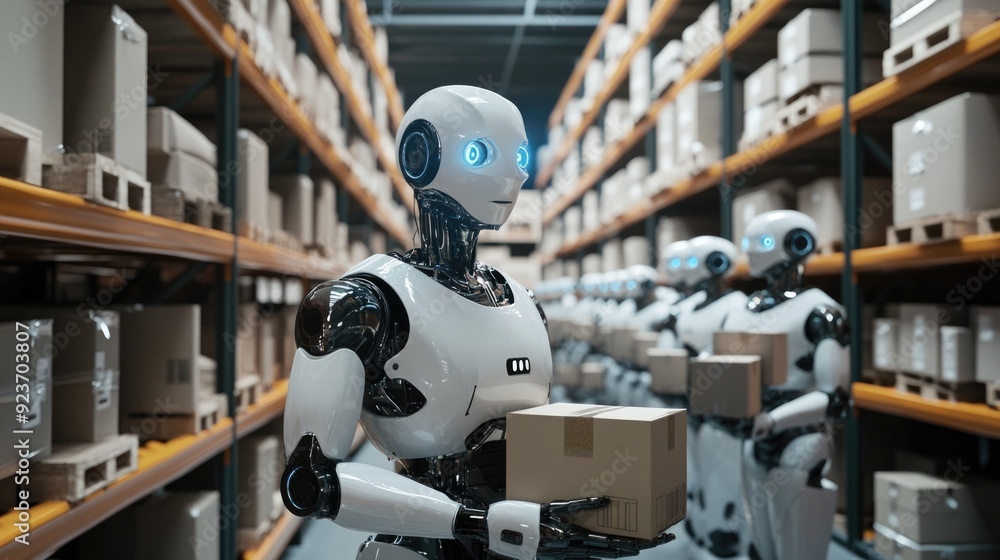 AI-driven human robot are busy in a warehouse, demonstrating the concept of technology helping in human life. This image captures the blend of robotics and automation in modern-day operations. AI-driven human robot are busy in a warehouse, demonstrating the concept of technology helping in human life. This image captures the blend of robotics and automation in modern-day operations.