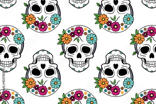 Day of the Dead skull pattern with bright flowers, vector art. Perfect for event promotions, wrapping paper, and fabric prints