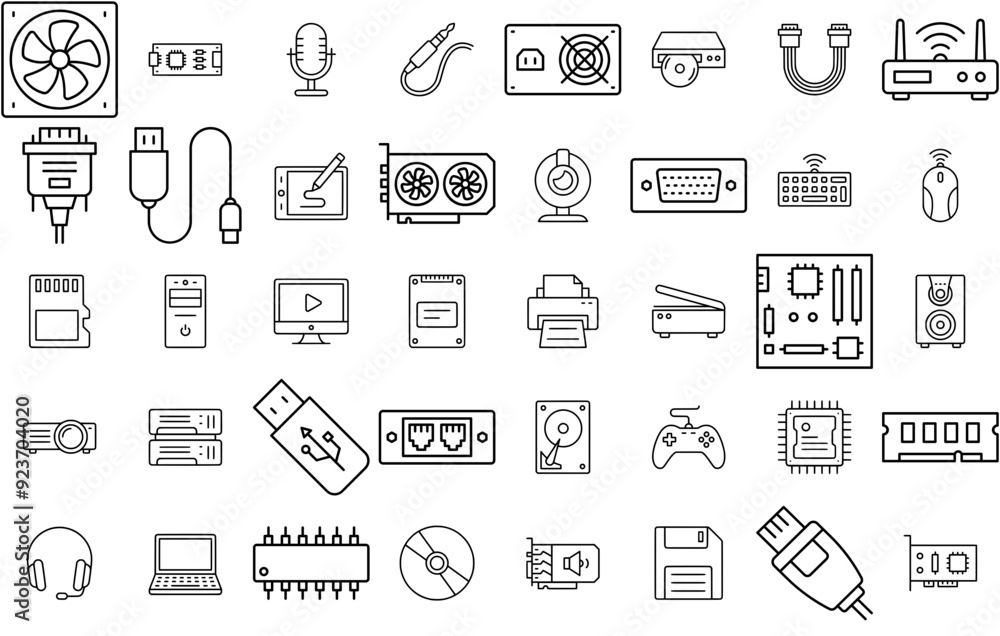 Fototapeta premium A Collection Of Computer And Hardware Icons Collection Isolated Silhouette Solid Icons Including Hardware,Device,Computer,Cable,Technology Business Infographic Elements Logo Vector Illustration