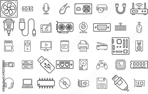 A Collection Of Computer And Hardware Icons Collection Isolated Silhouette Solid Icons Including Hardware,Device,Computer,Cable,Technology Business Infographic Elements Logo Vector Illustration