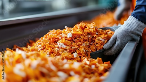 A close-up view of hands wearing gloves sorting and handling orange peels on an industrial conveyor belt, showcasing the meticulous process involved in recycling food waste. photo