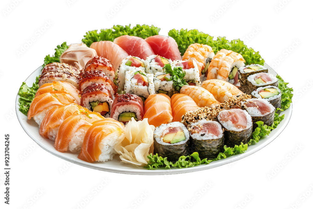 Plate of sushi with assorted rolls isolated on white background Plate of sushi with assorted rolls isolated on white background