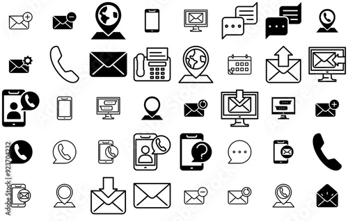 Set Of Communication Isolated Silhouette Solid Icons With Phone,Message,Chat,Email,Mail Set Vector Flat Line Icons