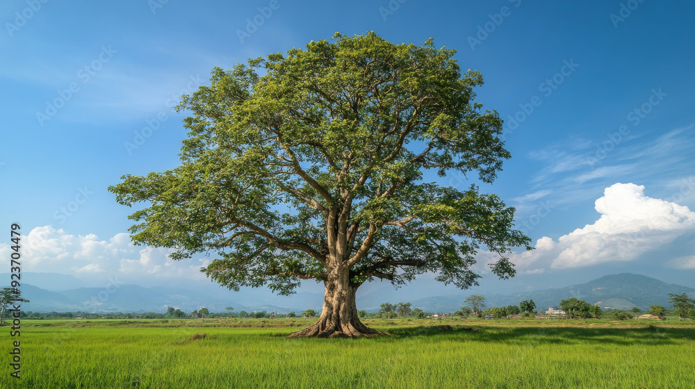 A large, fully-grown Peepal tree stands prominently in the center of a vast green meadow. This tree holds significant religious value for Hindus, set against a sunny day in the eastern plains of Nepal A large, fully-grown Peepal tree stands prominently in the center of a vast green meadow. This tree holds significant religious value for Hindus, set against a sunny day in the eastern plains of Nepal