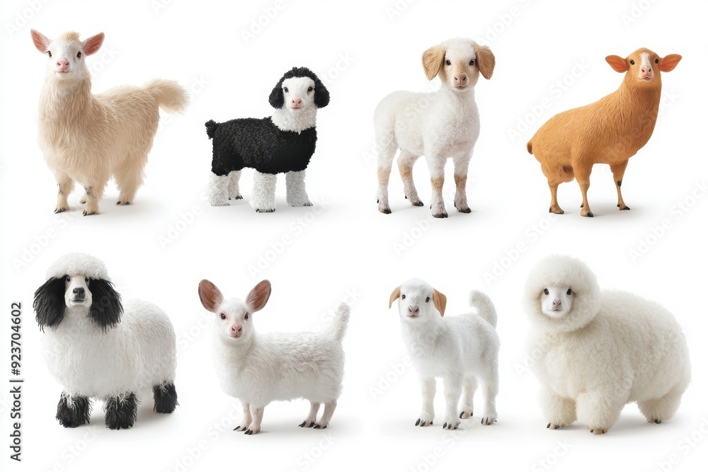 Fototapeta premium Adorable Farm Animals, Cute cartoonish farm animals in a variety of poses on a white background, Whimsical Illustration.