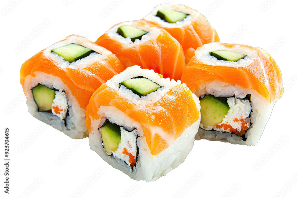 Sushi roll with salmon and avocado isolated on white background Sushi roll with salmon and avocado isolated on white background