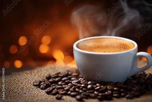 Steaming Cup of Coffee with Coffee Beans on Burlap