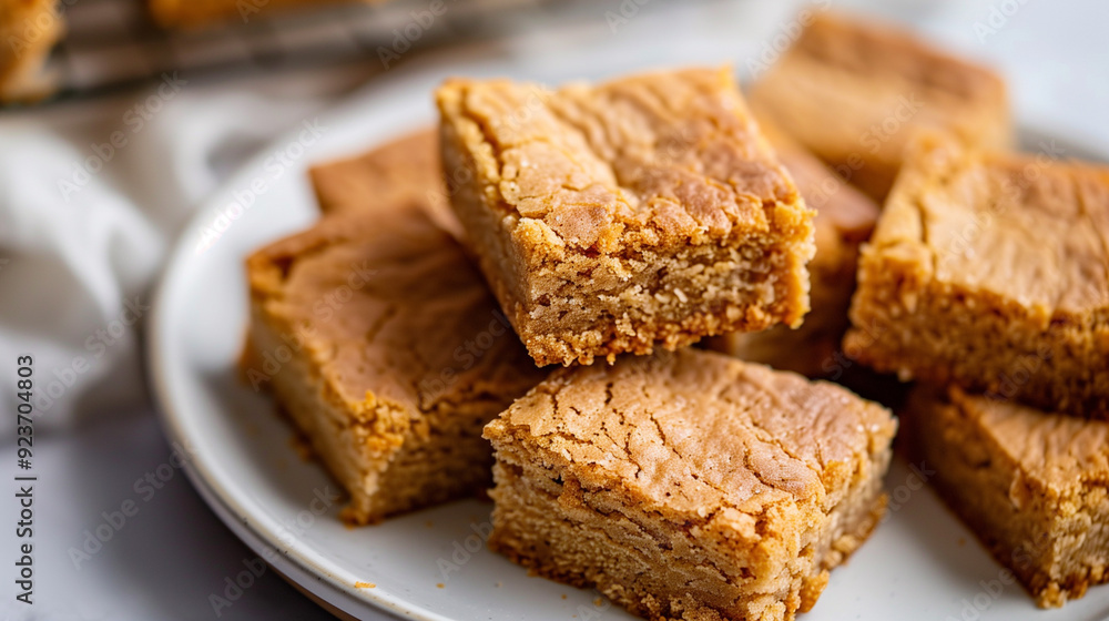 Blondie squares on a plain white plate, showing soft, chewy texture Blondie squares on a plain white plate, showing soft, chewy texture