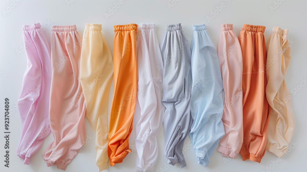 A row of colorful pants are displayed on a white background. The pants are arranged in a line, with each pair varying in color and style. A row of colorful pants are displayed on a white background. The pants are arranged in a line, with each pair varying in color and style.