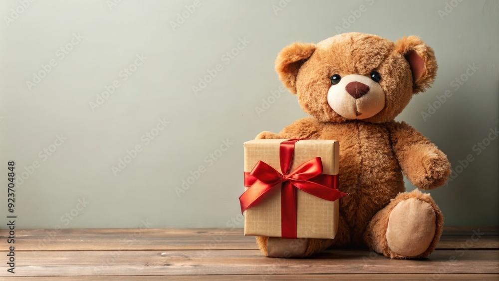 Obraz premium Teddy bear holding a gift box, teddy bear, gift box, present, surprise, soft toy, stuffed animal, cute, adorable, celebration