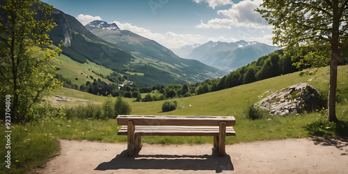  A majestic mountain vista with a peaceful valley and a wooden bench inviting contemplation. Perfect for travel brochures, nature-themed websites, or inspirational wall art.