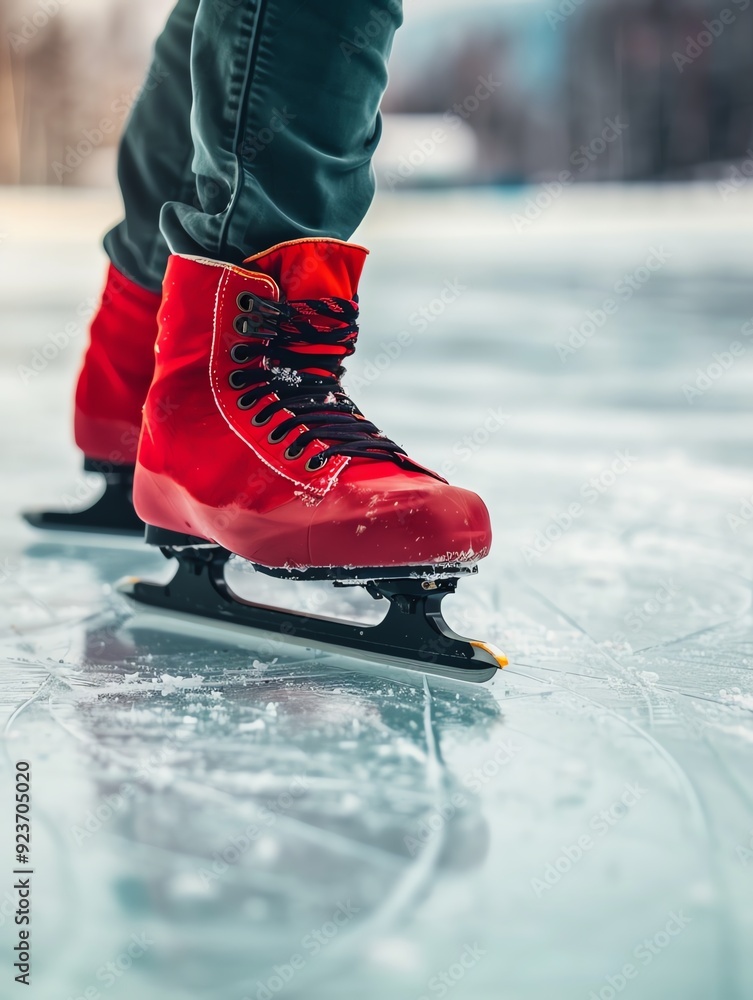 Close-up of red ice skates gliding on a frozen lake. Close-up of red ice skates gliding on a frozen lake.