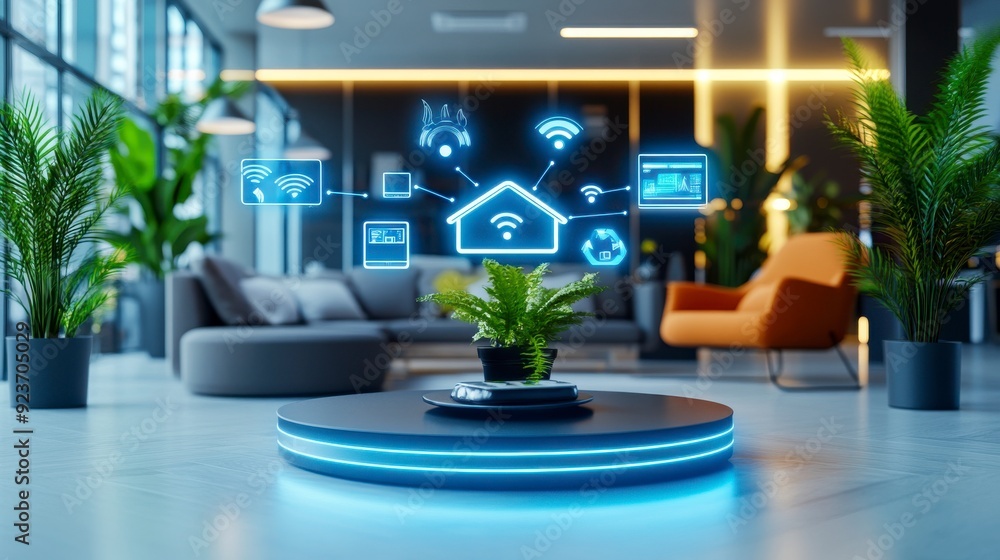 Naklejka premium Smart Home Concept, Digital interface with icons connected to a home in a futuristic setting with lush greenery, Advanced Technology.