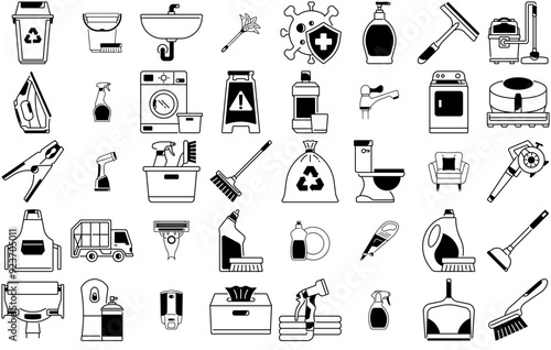 Set Of Cleaning Isolated Silhouette Solid Icons With Housekeeping,Cleaning,Laundry,Bathroom,Cleaner Business Infographic Elements Logo Vector Illustration