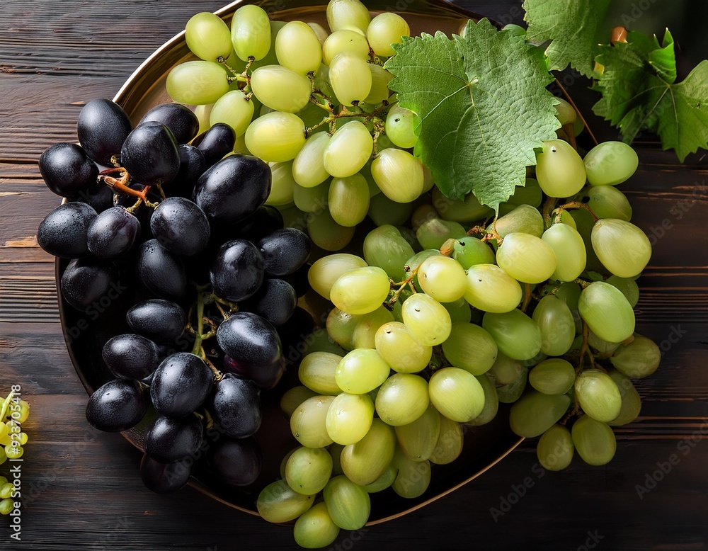 Upper view in green and black grapes on the kitchen table, generative IA