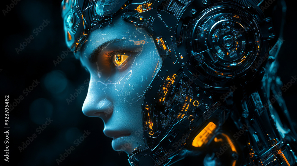 Experience cutting-edge technology with our engaging AI-robot face stock photo. This carefully designed image skillfully merges the subtle realism of human features. Experience cutting-edge technology with our engaging AI-robot face stock photo. This carefully designed image skillfully merges the subtle realism of human features.