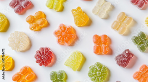 Gummy candies in different non-traditional shapes laid out haphazardly on a white background