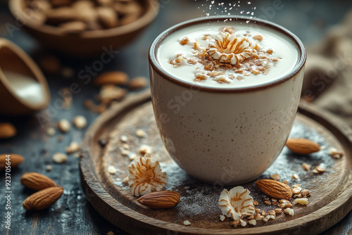 A visually appealing social media post highlighting the versatility of almond milk in different culinary applications, photo