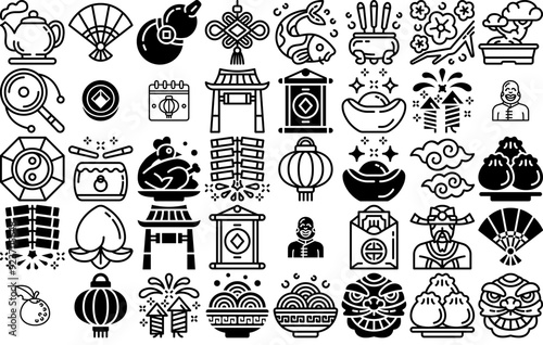 Set Of Linear Chinese New Year Icons Collection Isolated Silhouette Solid Icons Including Wealth,Food,Chinese,Festival,Celebration Business Infographic Elements Logo Vector Illustration