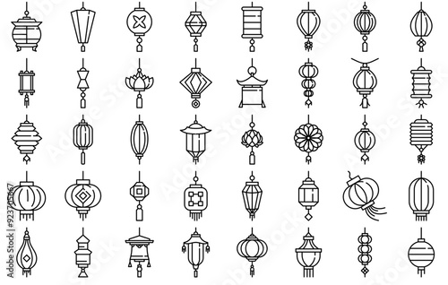 Mega Set Of Vector Chinese Lantern Isolated Silhouette Solid Icons With Chinese-Lantern,Lantern,Traditional,Decoration,Chinese Vector Icon Set Linear Pictogram Pack
