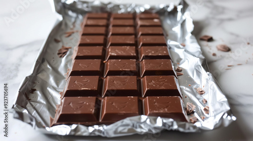 Milk chocolate bar with foil peeled back, exposing an unbroken row of evenly sized squares photo