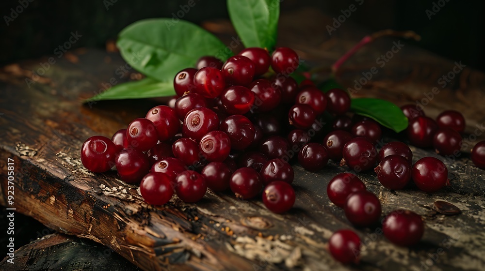 Rustic food photography featuring a small pile of deep red chokeberries with their glossy texture and a few green leaves on a wooden board, perfect for showcasing healthy produce Rustic food photography featuring a small pile of deep red chokeberries with their glossy texture and a few green leaves on a wooden board, perfect for showcasing healthy produce