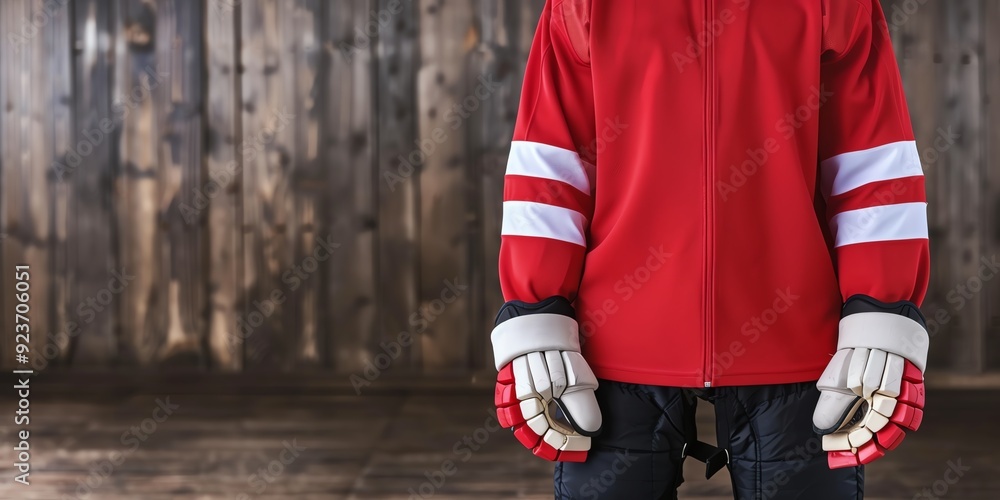 Obraz premium Closeup of a hockey player's hands wearing gloves in front of a wooden background.