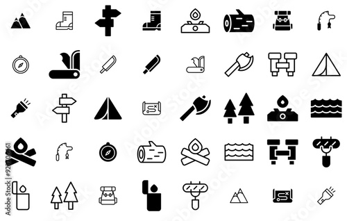 A Collection Of Camping Icons Silhouette Vector Logo Design Containing Campfire,Camp,Adventure,Camping,Holiday Outline Icons Collection. Simple Vector Illustration