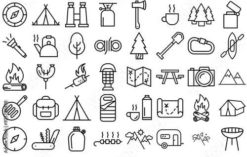 A Collection Of Camping Vector Symbols Apps, Websites Ui Designs Suitable For Camp,Camping,Barbecue,Bbq,Travel Vector Icons Illustration Collection